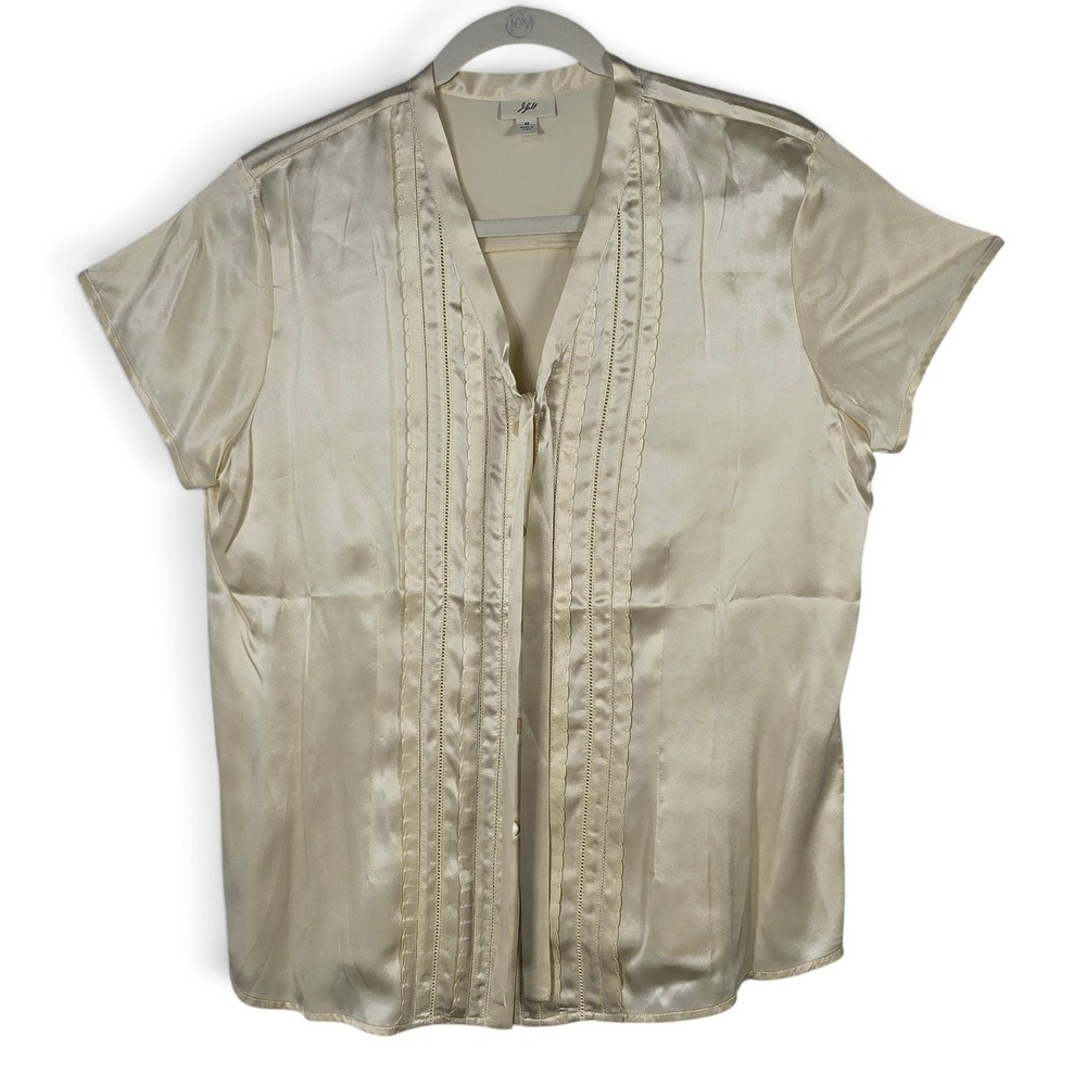 J. Jill 100% Silk Blouse Y2K Women Med Cream Pintuck Lace V-Neck Dressy Luxury